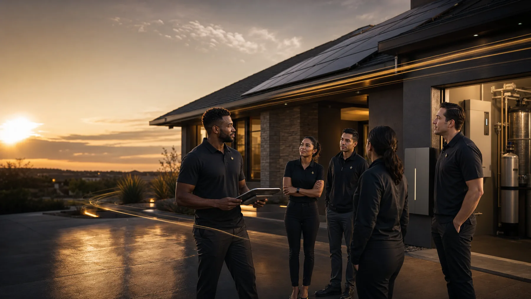 Bushido Unlimited residential sales team outside a Texas home with solar, home battery and water equipment