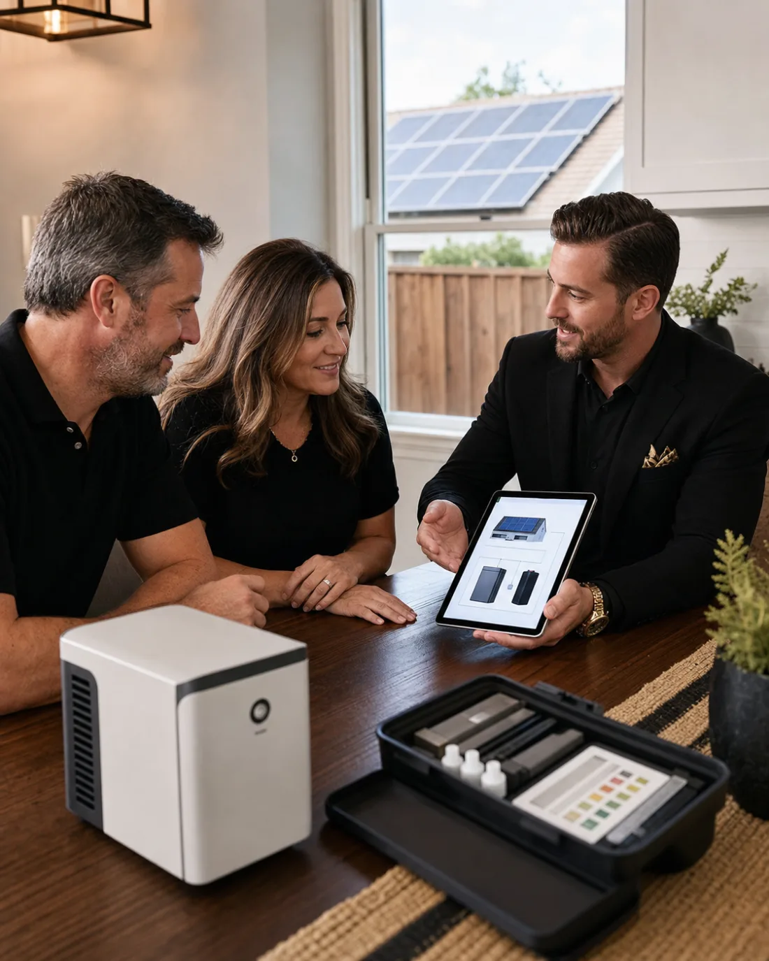 Residential sales closer consulting with homeowners at their kitchen table