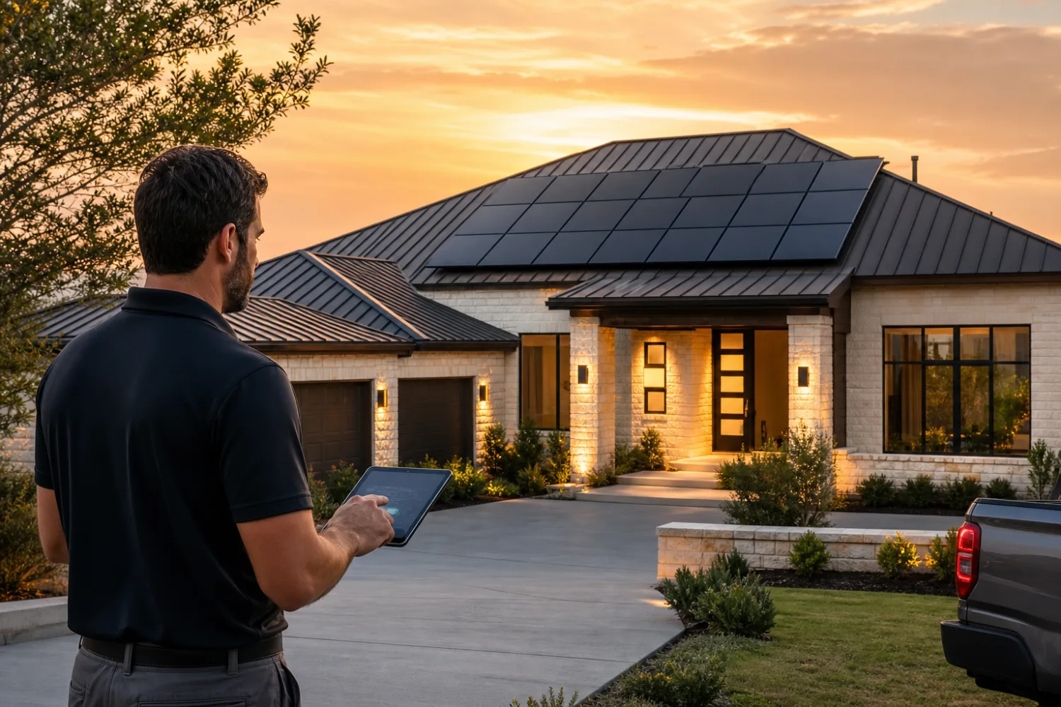 Solar professional reviewing a residential rooftop system