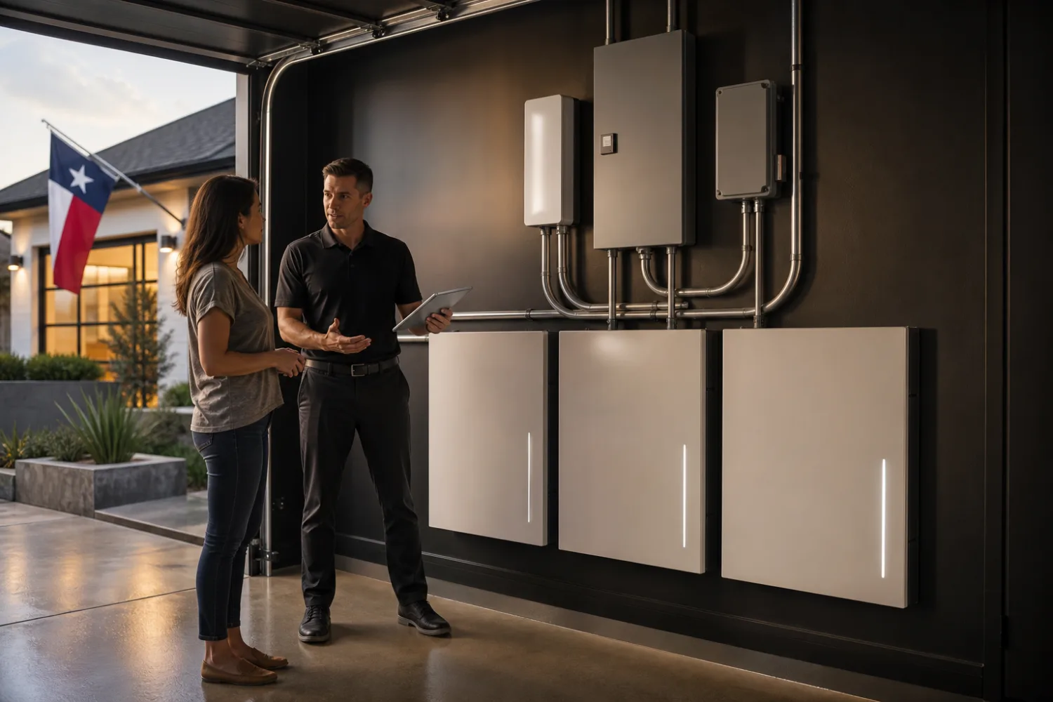 Home battery consultation in a modern Texas garage