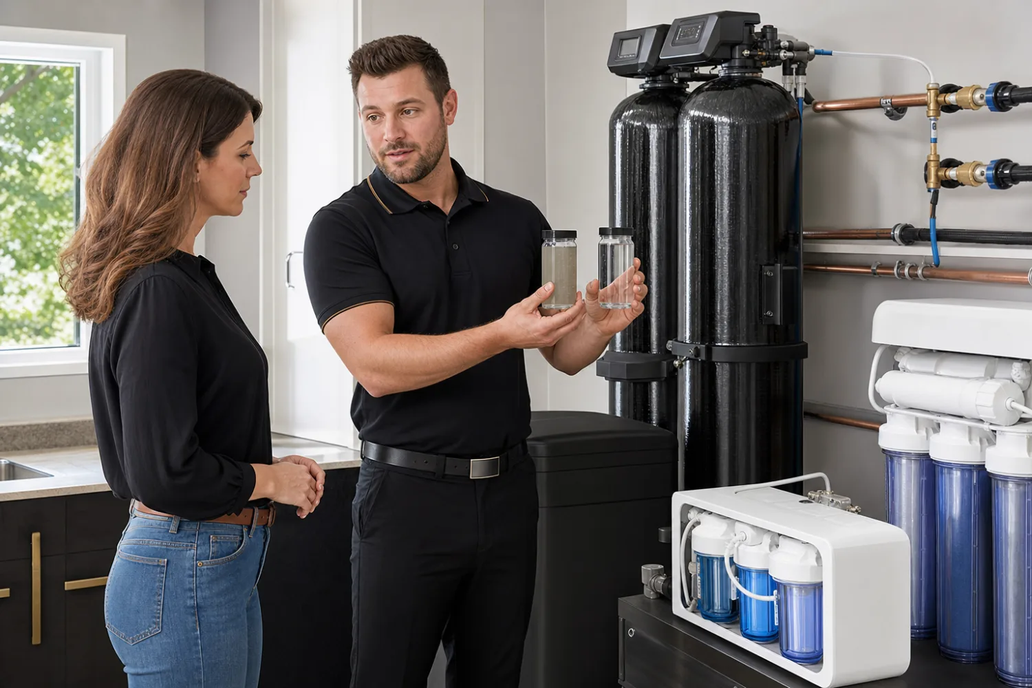 Representative demonstrating whole-home water filtration equipment