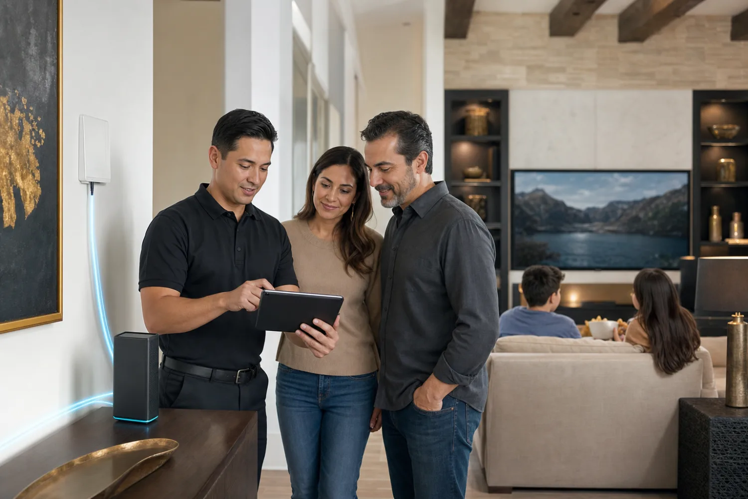 Fiber internet representative showing a homeowner a residential gateway