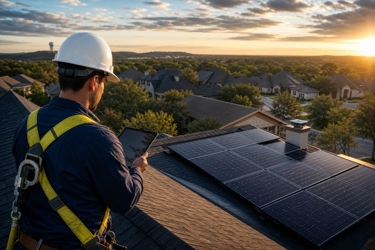 Roofing and solar specialist safely inspecting a Texas roof
